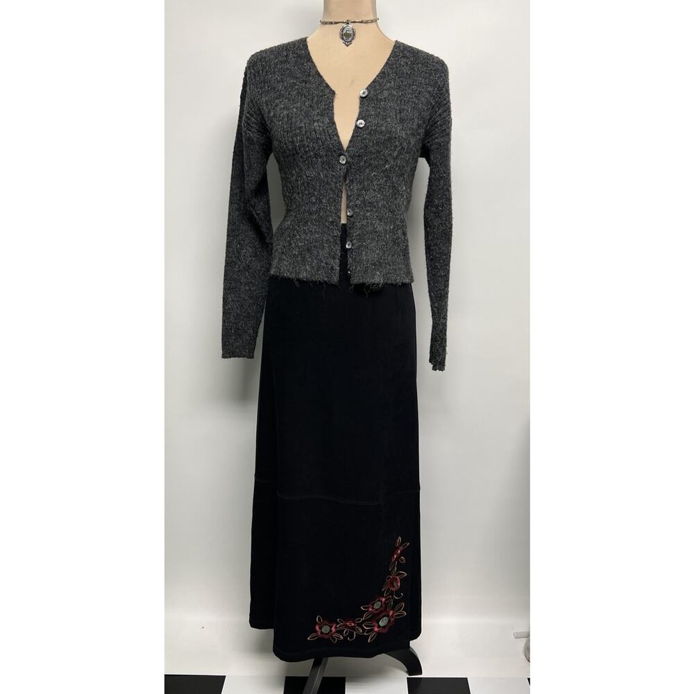 Vintage Embroidered Maxi Skirt XL Faux Suede Cottage Whimsigoth Y2K Grunge Goth
